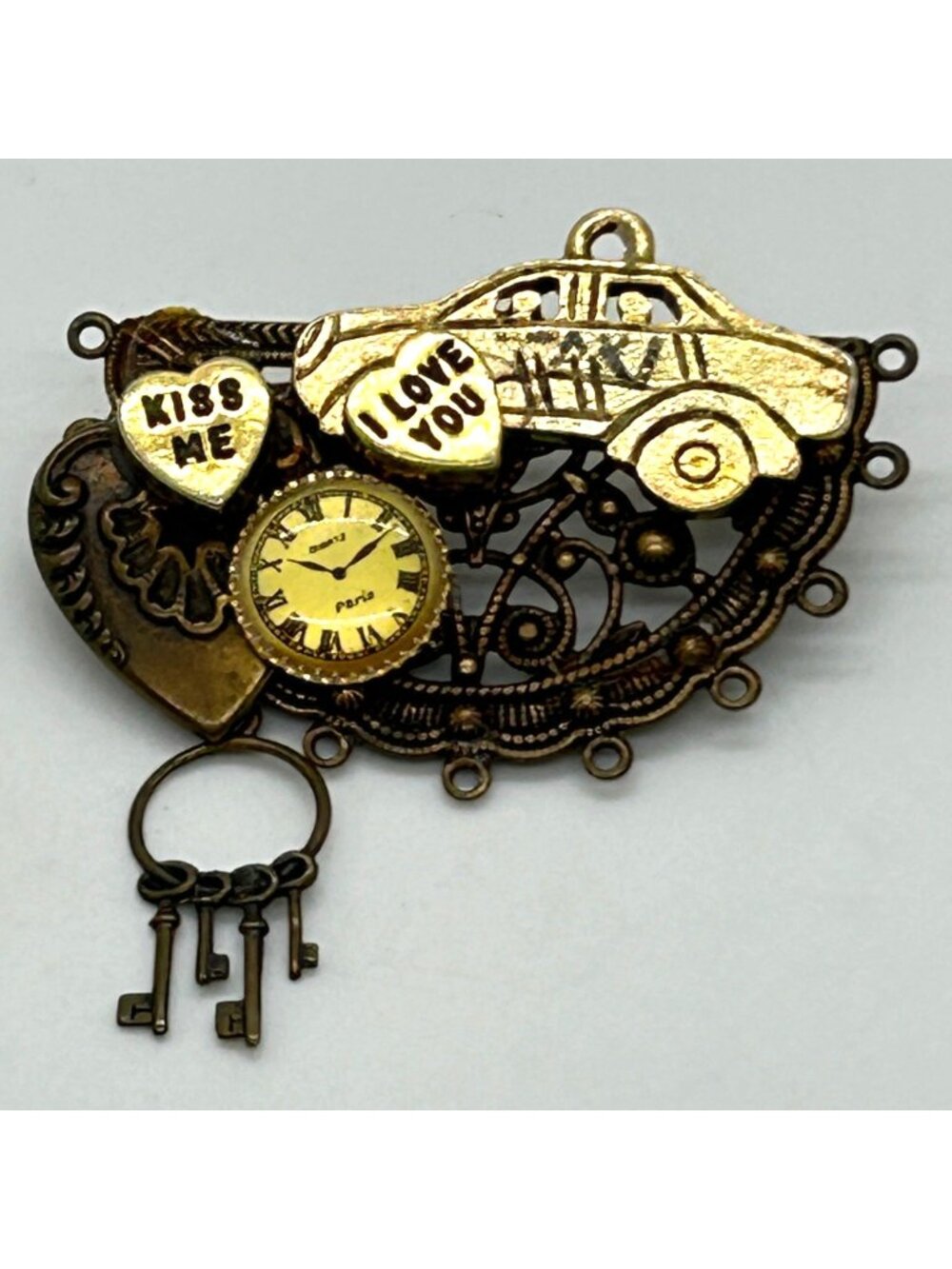Steampunk Clock Pin Paris Taxi Car Heart Charm Bronze Dangle Keys Collectible Vi